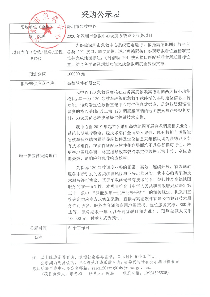 2026-3-16 关于2026年深圳市急救中心调度系统地图服务项目直接确定供应商采购公示表.jpg